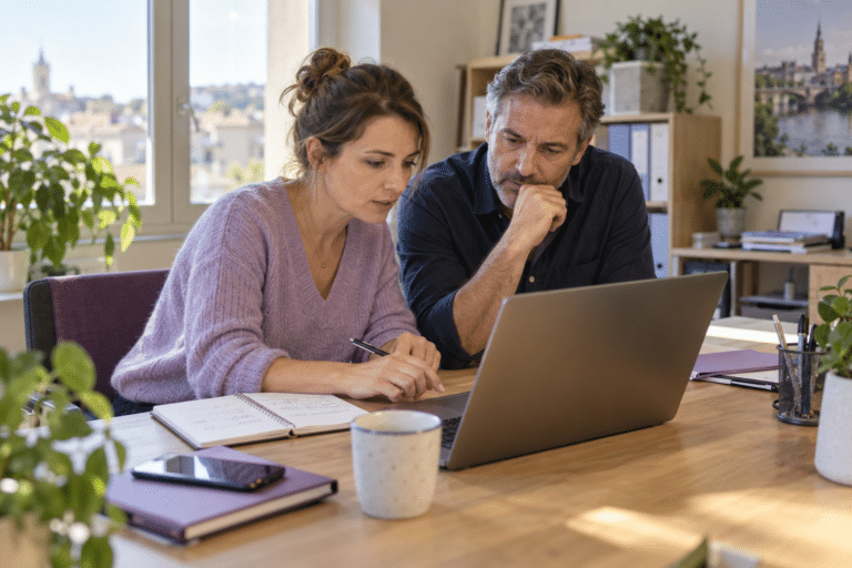 Une professionnelle et un dirigeant consultent ensemble un ordinateur dans un bureau.