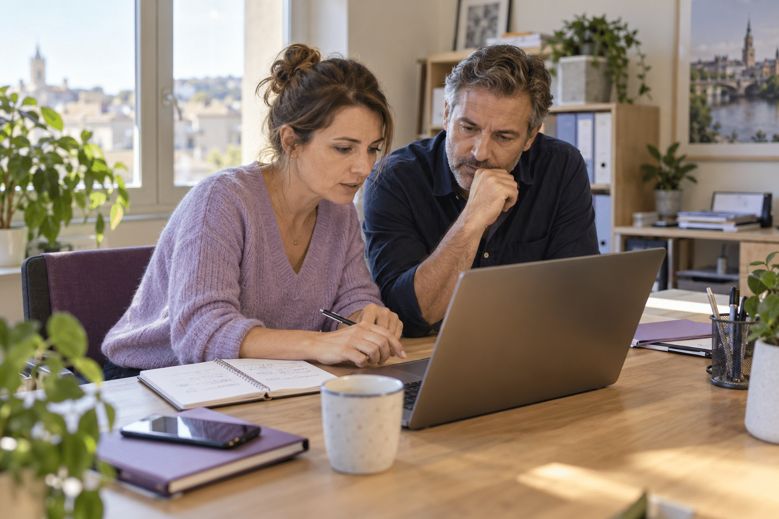 Une professionnelle et un dirigeant consultent ensemble un ordinateur dans un bureau.